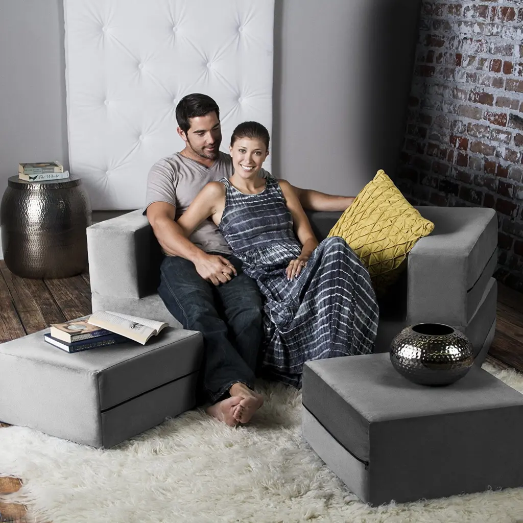Jaxx Zipline Convertible Sleeper Loveseat Ottomans Converts to Queen-Size Bed Pewter