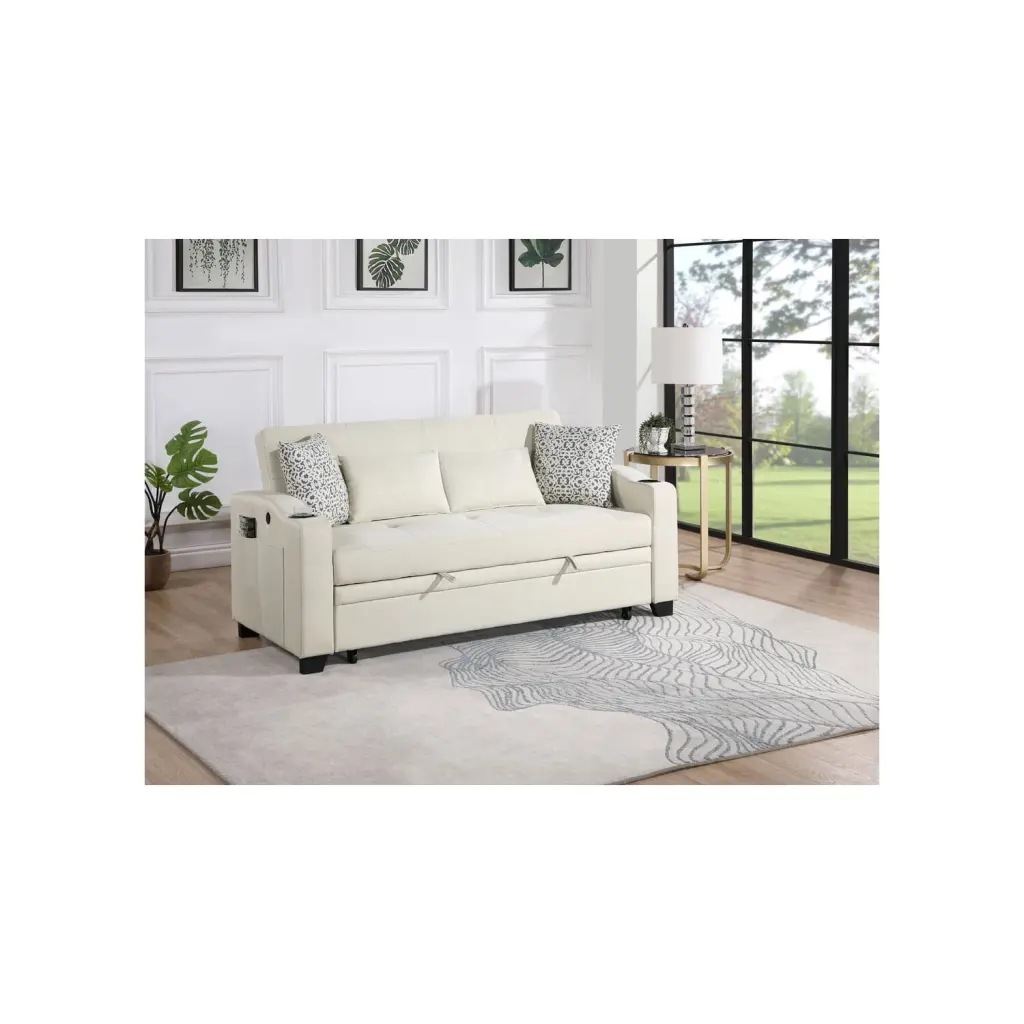 Bennett 71W Beige Fabric Convertible Sleeper Loveseat USB Charger and Cupholders Lilola Home
