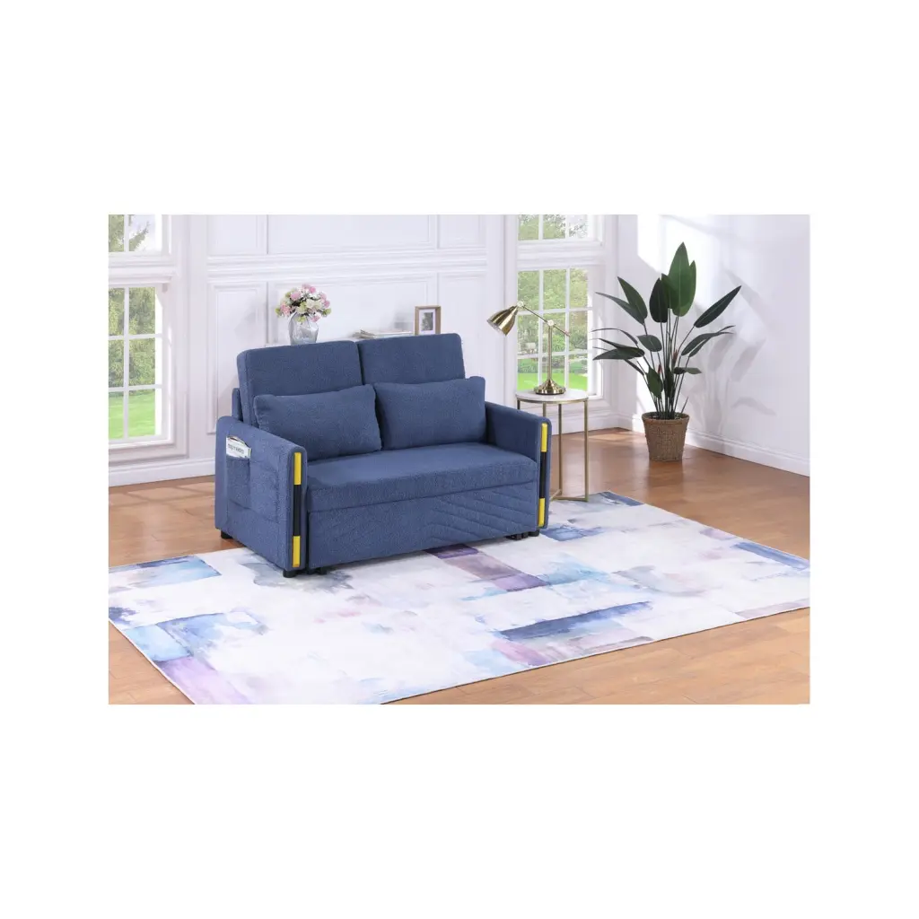Percy 55.5W Navy Teddy Velvet Sleeper Loveseat Dual-Pull Design Lilola Home