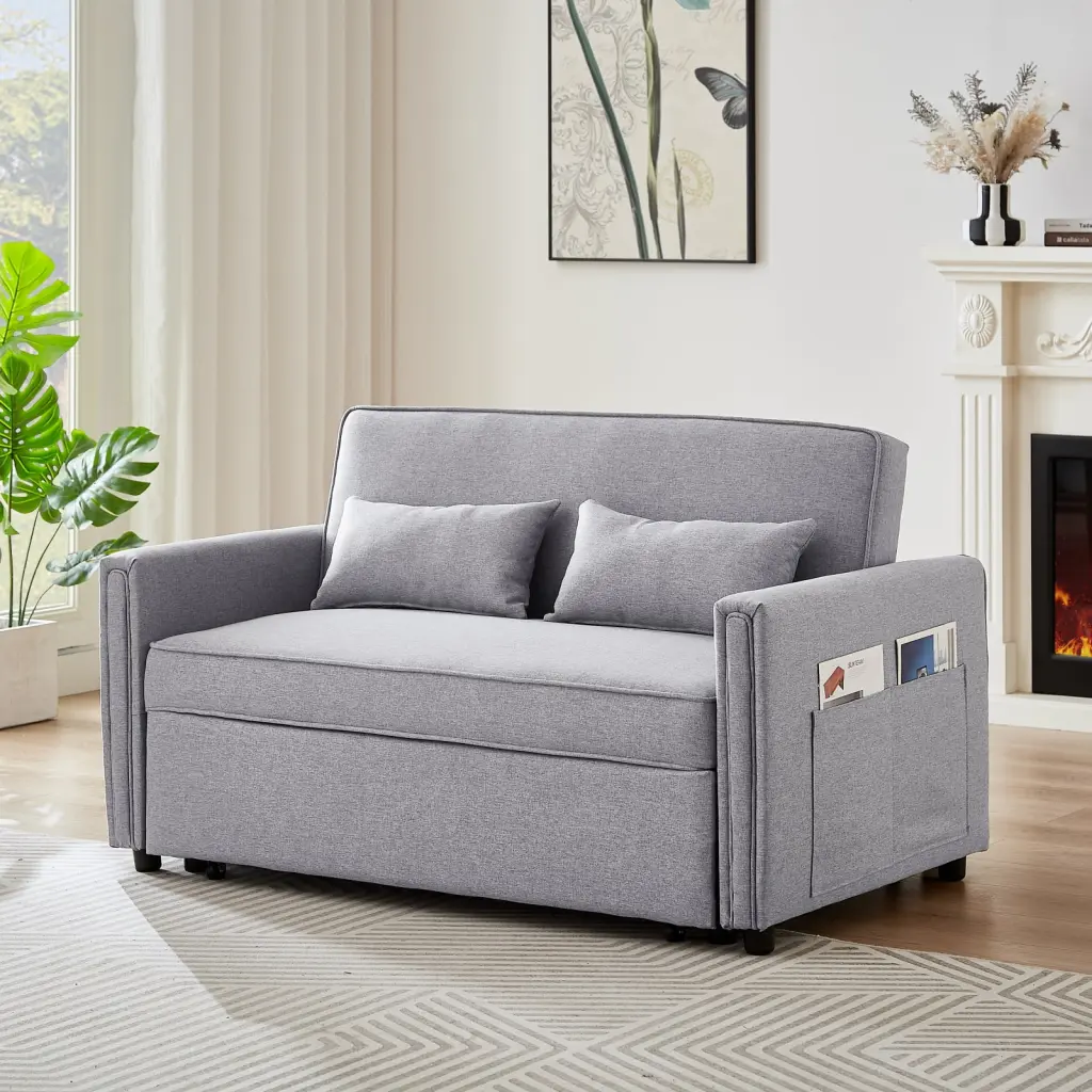 Modern Linen Convertible Loveseat Sleeper Sofa Couch Adjustable Backrest 2 Seater Sofa Pull-Out Bed 2 Lumbar Pillows Small...