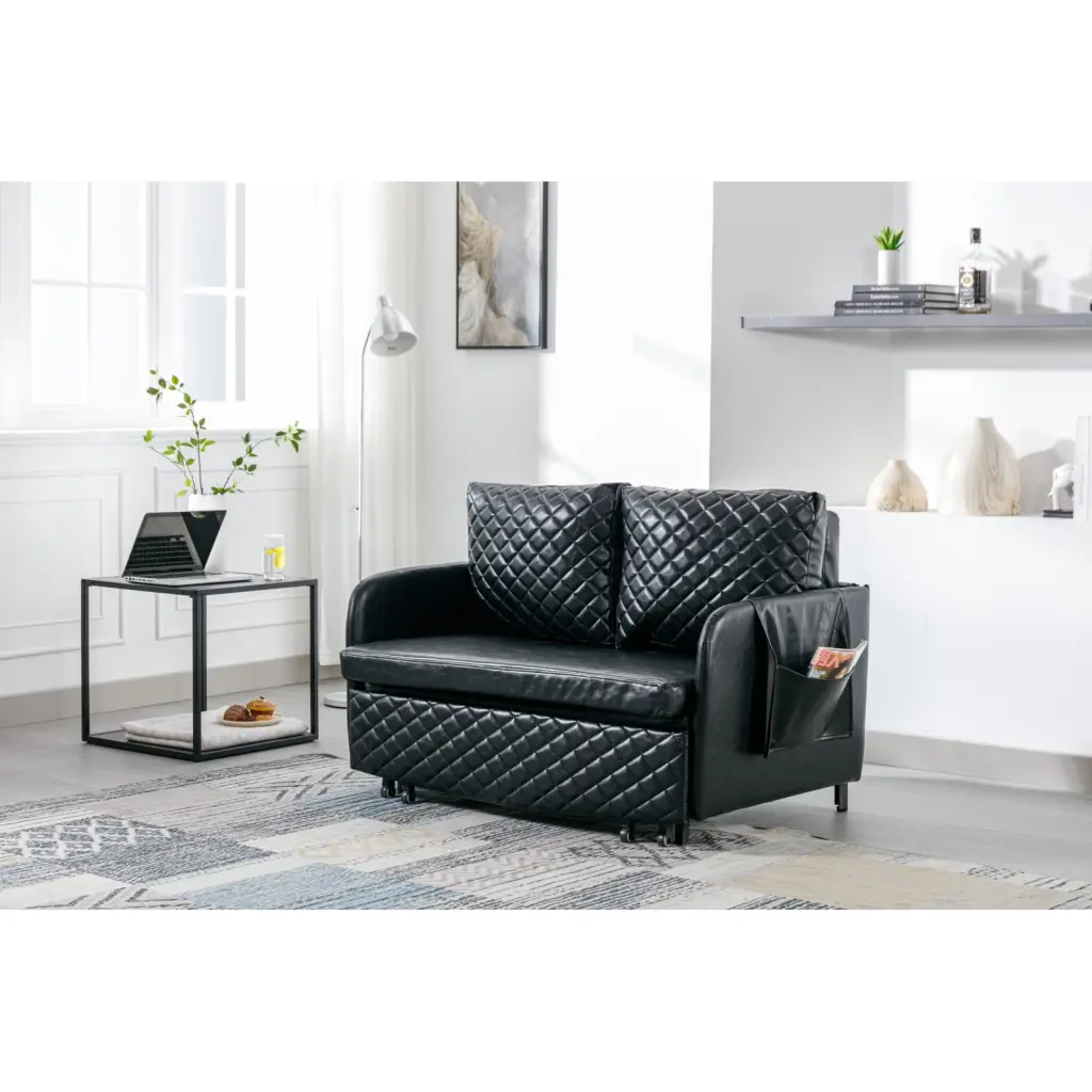Black Convertible Sleeper Sofa Bed Plush Velvet Loveseat Pull Out Bed Headboard 2 Cushions Ponnky