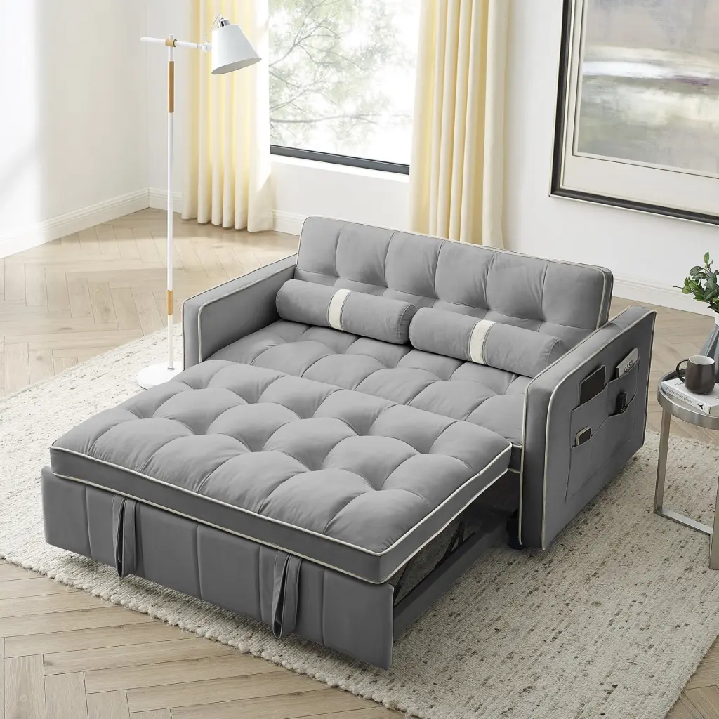 Grey Velvet Pull-Out Sleep Sofa Bed Modern 2-Seater Loveseat Adjustable Backrest Lumbar Pillows Side Pockets Compact Desig...