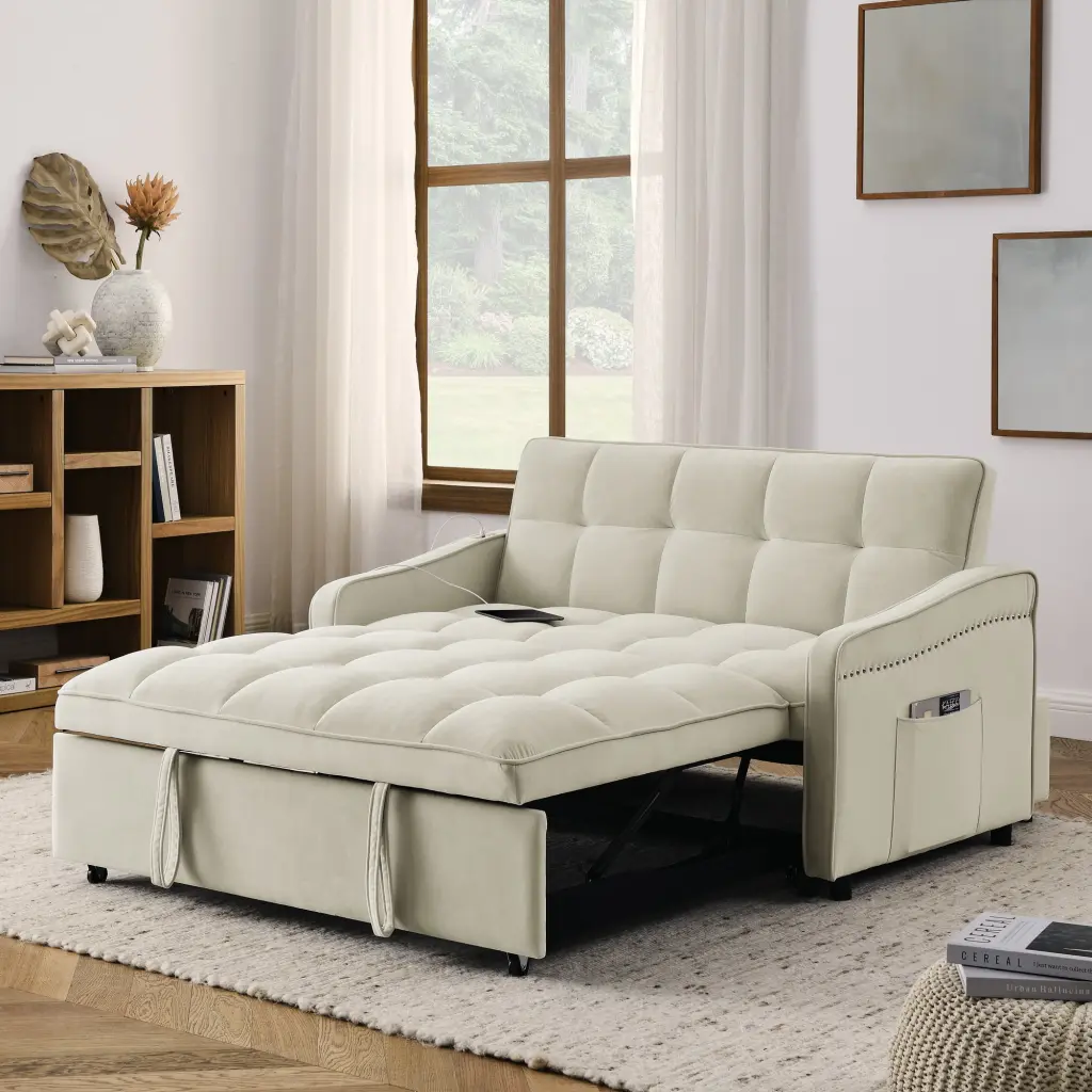 Beige Loveseat Sofa Bed Pull-out Feature Adjustable Back and USB Charging Small Spaces SNAILF