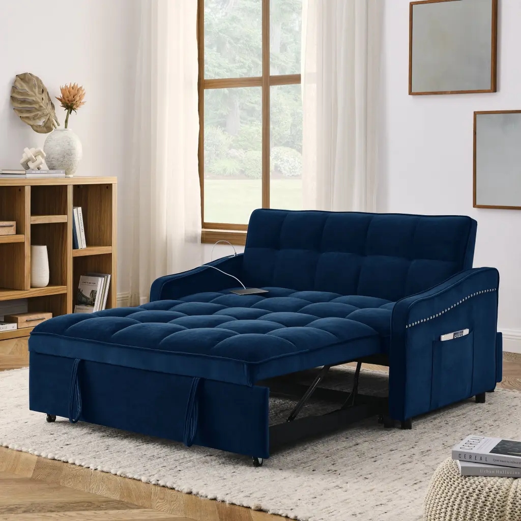 Blue Loveseat Sofa Bed Pull-out Feature Adjustable Back and USB Charging Modern Spaces SNAILF