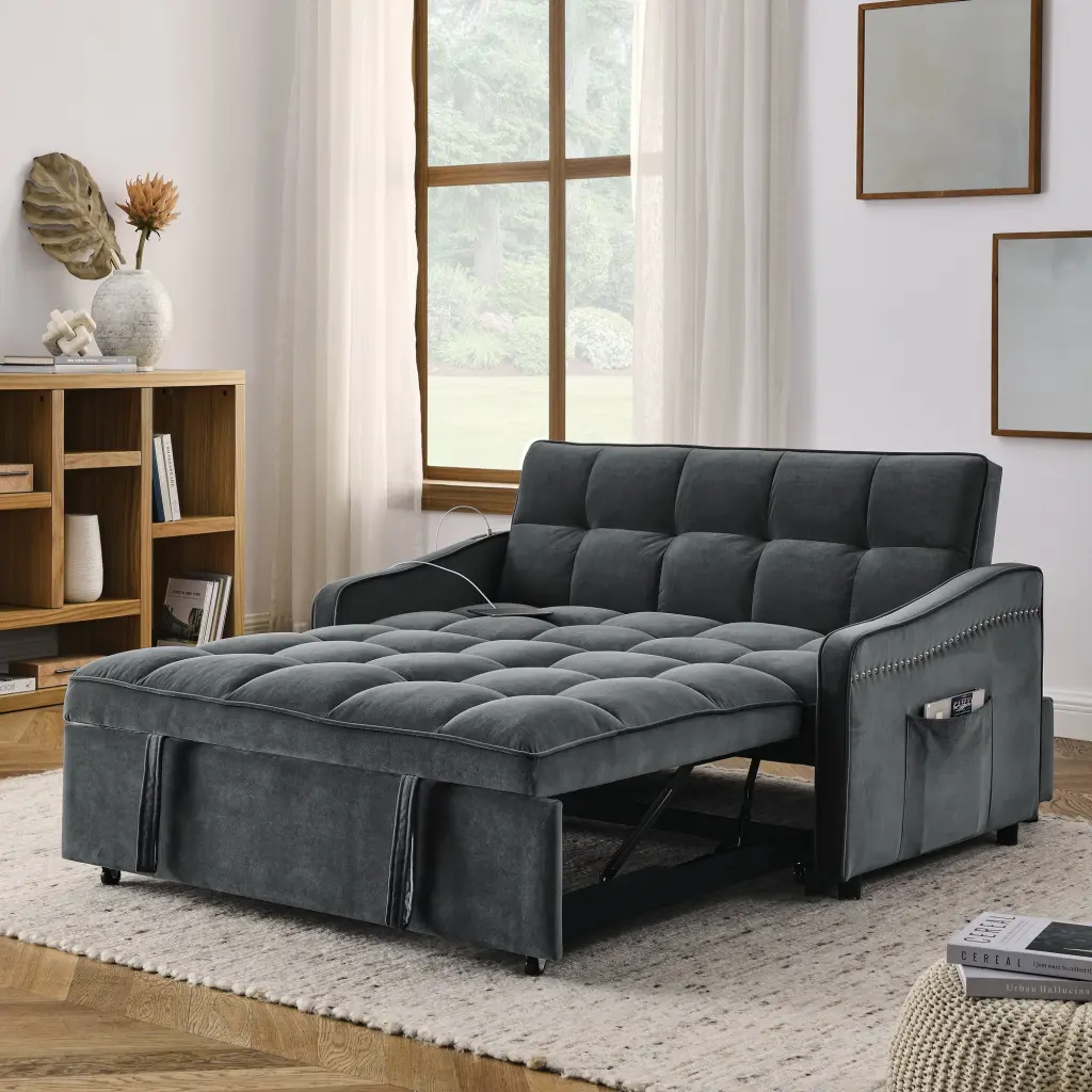 Grey Loveseat Sofa Bed Pull-out Bed Adjustable Back and USB Charging Small Spaces SNAILF