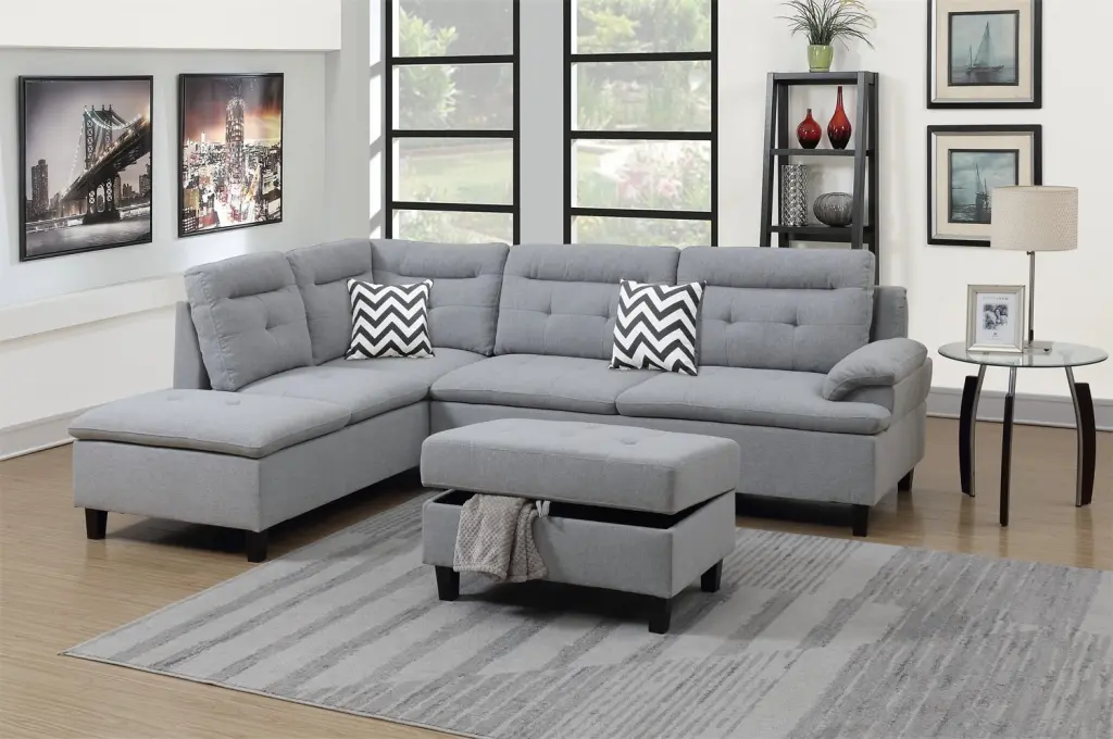 Convertible Sectional Sofa Storage Ottoman and Chaise - L-Shaped Tufted Sleeper Sofa Wood Legs (Grey) ARCTICSCORPION