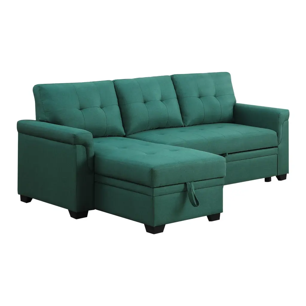 BenJara Elliot 84 Inch Sleeper Sectional Sofa Storage Chaise Green Fabric