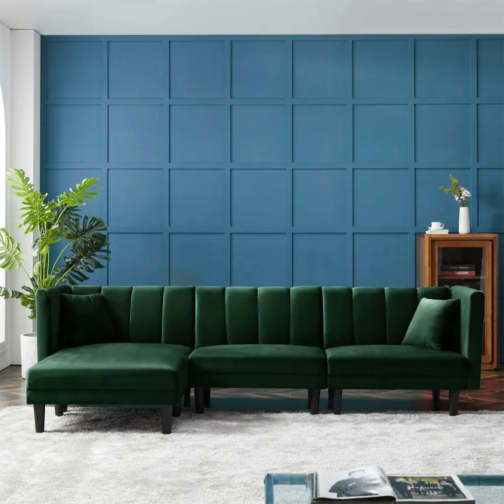 BESTCOSTY Dark Green Velvet Reversible Sectional Sofa Sleeper 2 Pillows