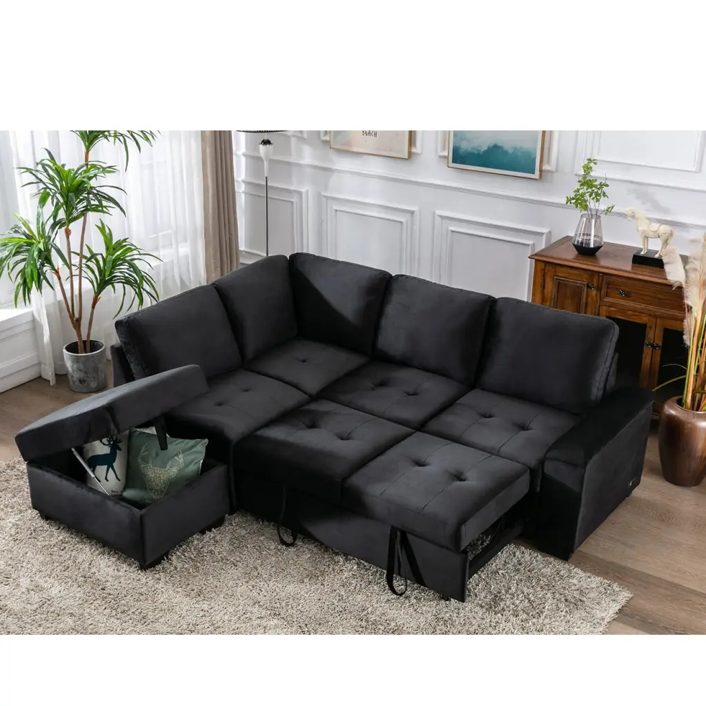 Canddidliike Sleeper Sectional Sofa USB Charge L-Shape Couch Sofa-Bed Storage Ottoman Black