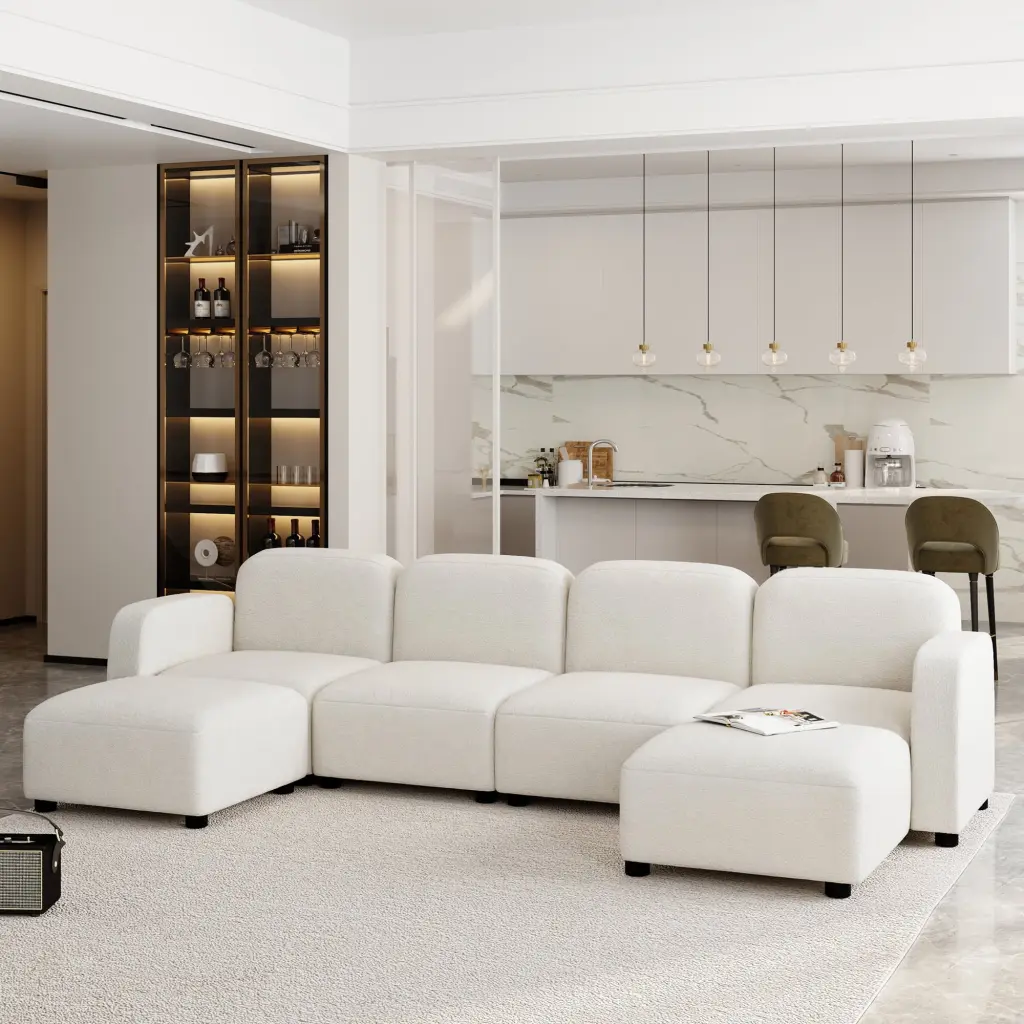 Velvet Modular Sectional Sofa U Shaped Reversible Couch Set 6 Seat Sleeper Cloud Sofa Bed Ottoman Beige Dawn Whisper