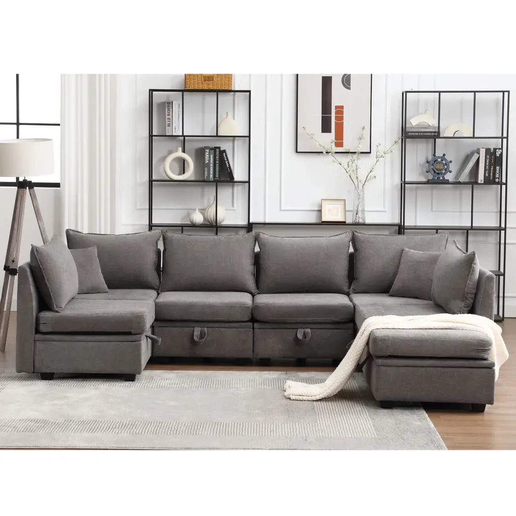DeeHome 7 Seat U-Shaped Modular Sectional Sofa Storage Convertible Sleeper Gray Fabric