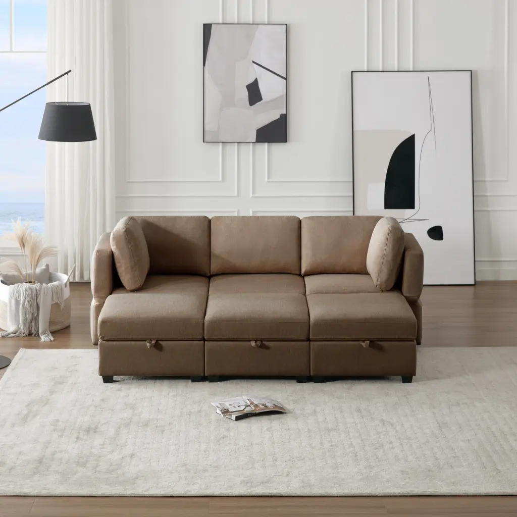 DeeHome 6 Seater Modular Sectional Sofa Bed Storage and Reversible Chaise Ottomans Brown