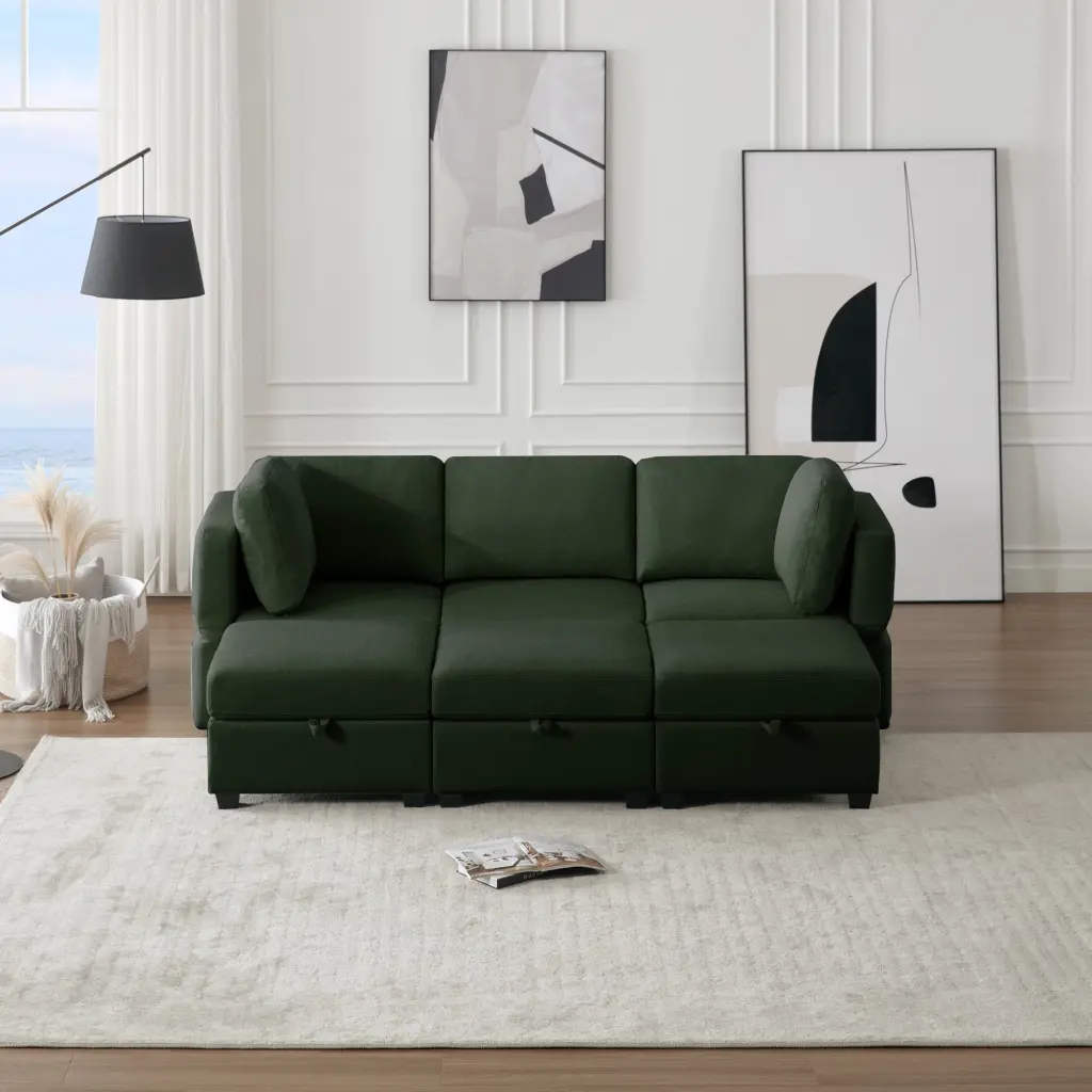 DeeHome 6 Seater Modular Sectional Sofa Bed Storage and Reversible Chaise Ottomans Green