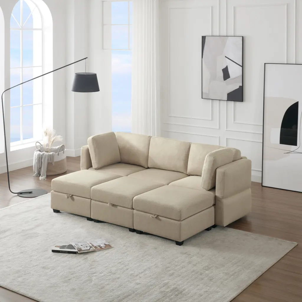 DeeHome 6 Seater Modular Sectional Sofa Bed Storage and Reversible Chaise Ottomans Beige