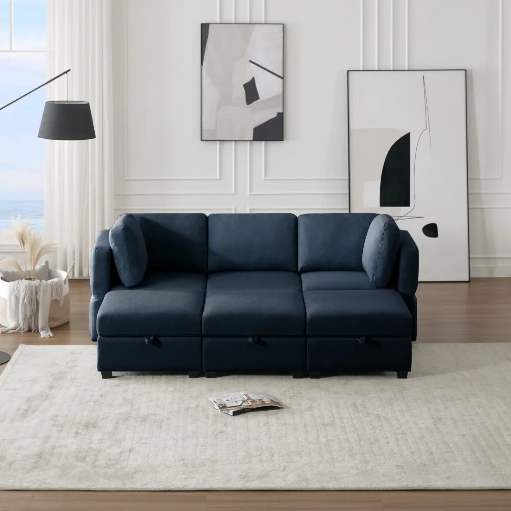 DeeHome 6 Seater Modular Sectional Sofa Bed Storage and Reversible Chaise Ottomans Blue