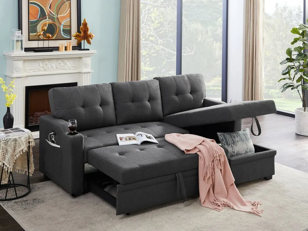 Dark Gray Lenin Tufted Sleeper Sectional Sofa Reversible Chaise Storage USB Ports Cupholder Esofastore