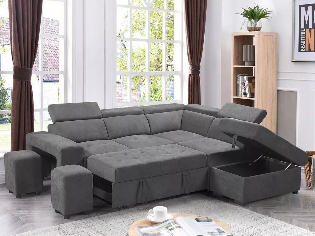 Light Gray Woven Fabric Sectional Sofa Chaise Storage Ottoman and Pull-out Bed Esofastore