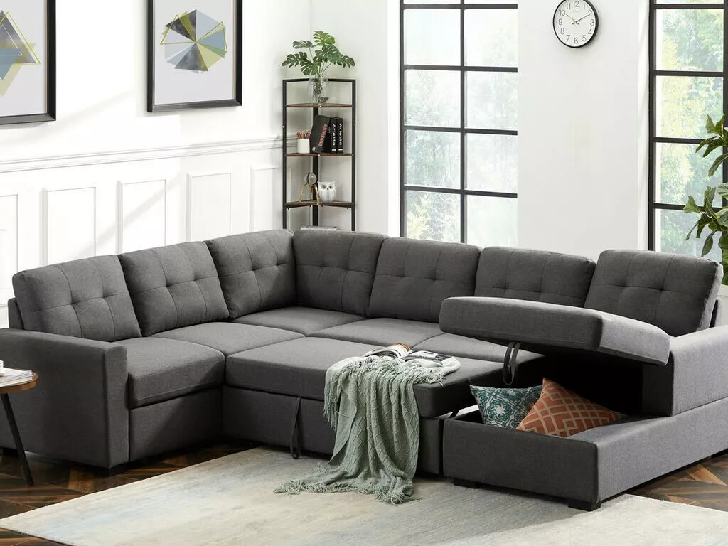 U-shape Contemporary Sleeper Sectional Sofa Storage Chaise Dark Gray Esofastore