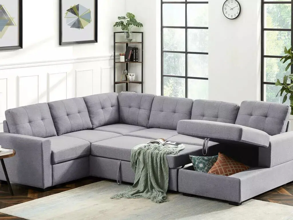 U-shape Contemporary Sleeper Sectional Sofa Storage Chaise Light Gray Esofastore