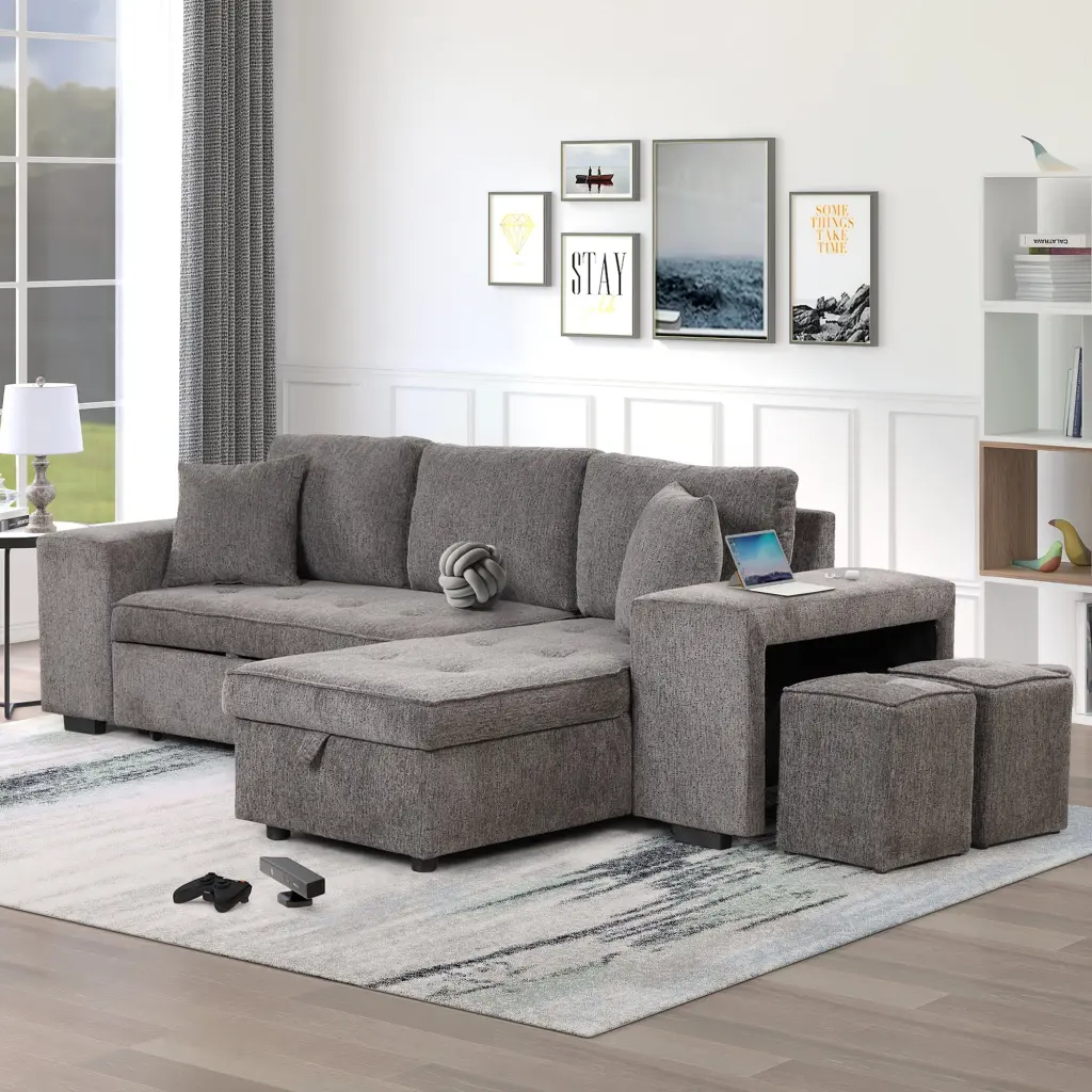104 Modern L-Shape 3 Seat Reversible Sectional Couch Pull Out Sleeper Sofa Knox Charcoal Ghislaine