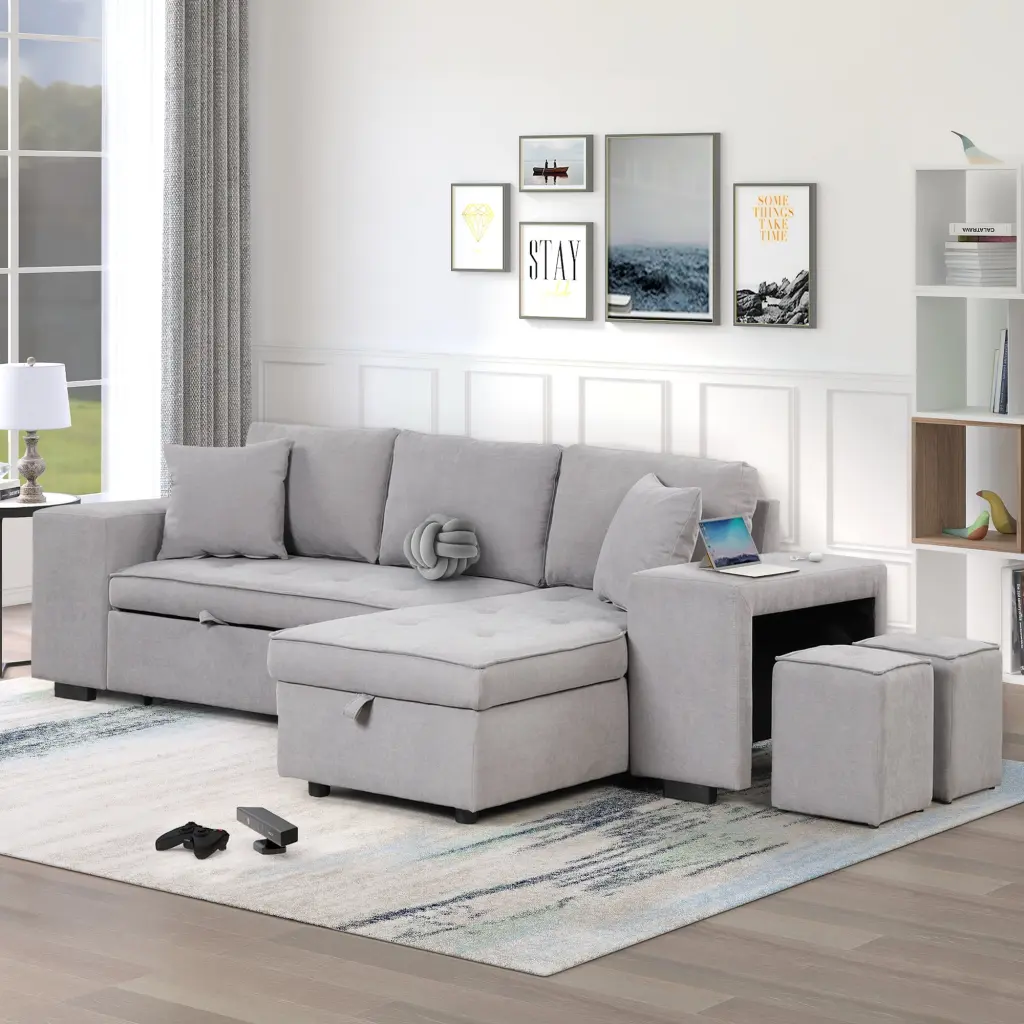 104 Pull Out Sleeper Sofa Reversible L-Shape 3 Seat Sectional Couch Storage Chaise Gray Ghislaine