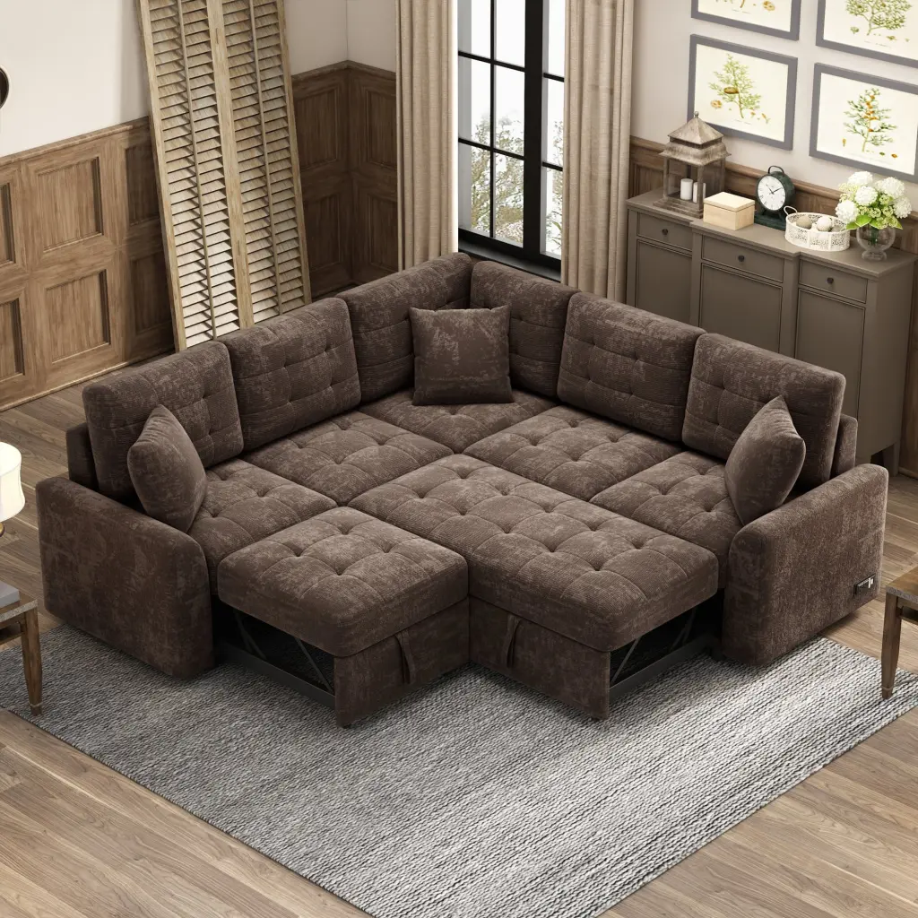82.6 L-shape Sofa Bed Pull-out Sleeper Sofa Wheels USB Ports Power Sockets Brown Ghislaine