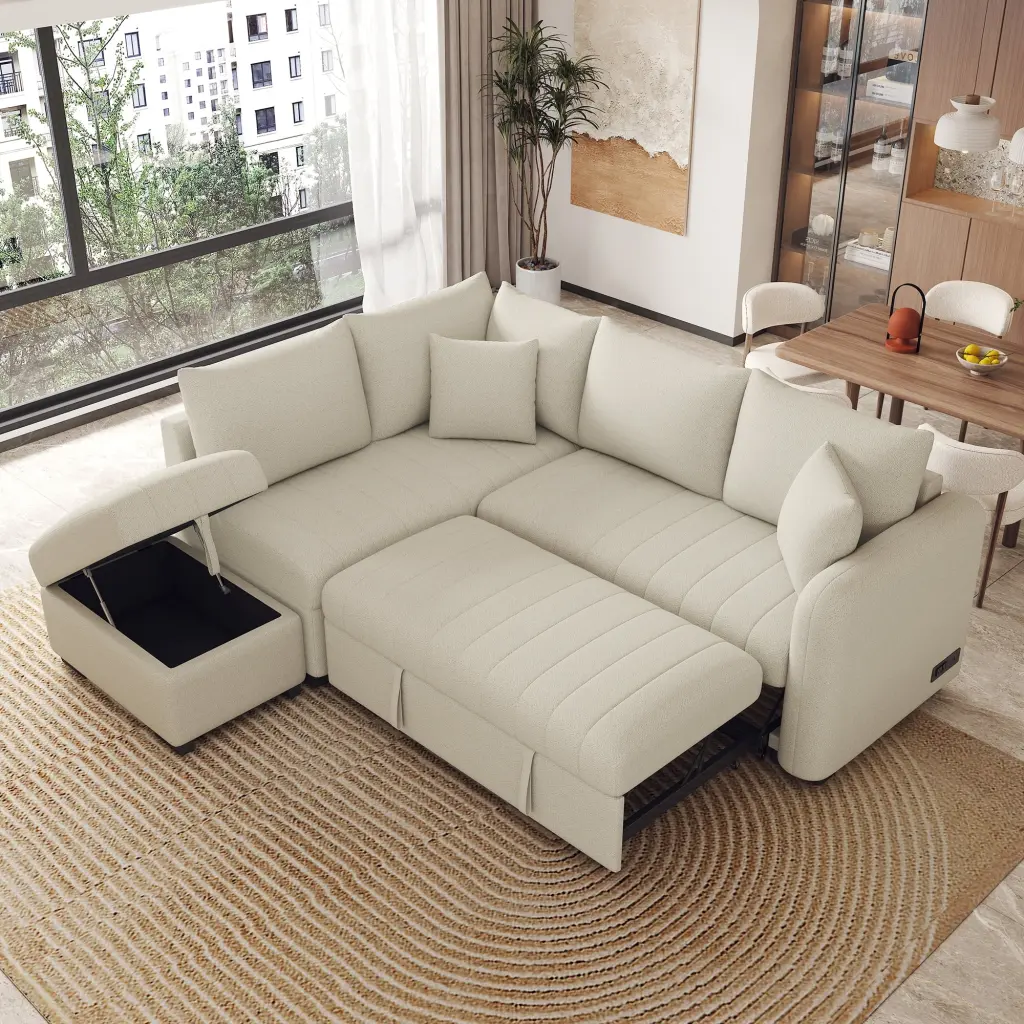 82.6 L-Shaped Sectional Pull Out Sofa Bed USB Ports and Storage Ottoman - Sleeper Sofa Small Spaces (Beige) Ghislaine