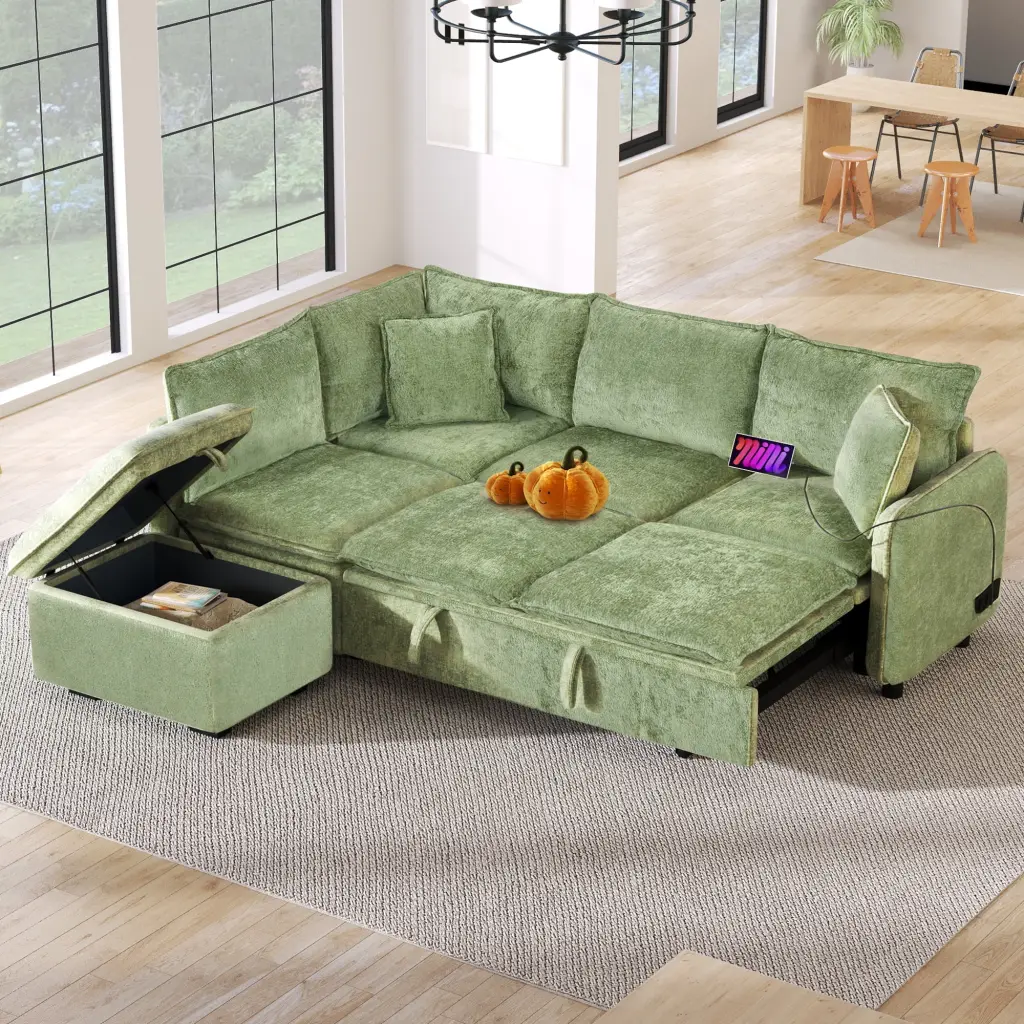 82.67 Convertible Sofa Bed L Shape Sectional Storage Ottoman USB Ports Green Ghislaine