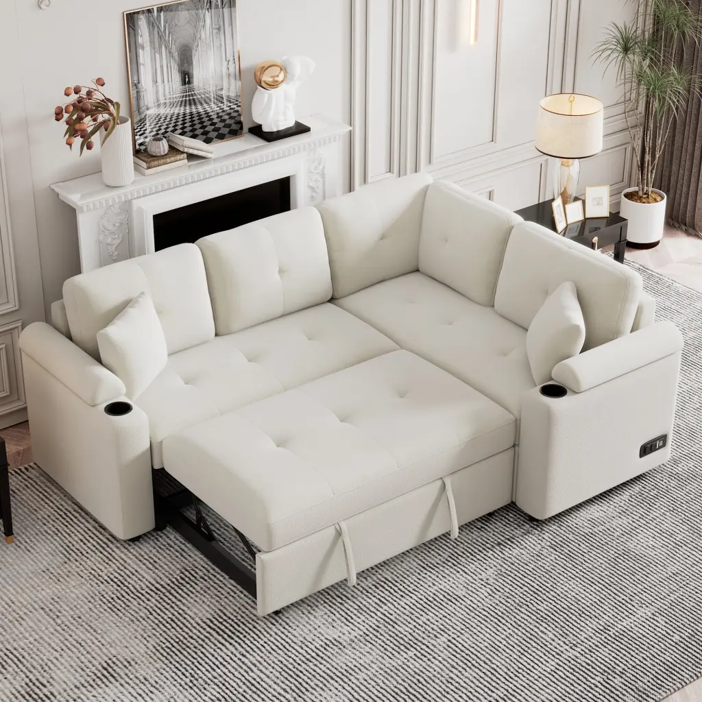 87.4 L-Shape Sofa Bed Wheels and USB Ports - Pull Out Sleeper Sectional Living Room (Beige) Ghislaine