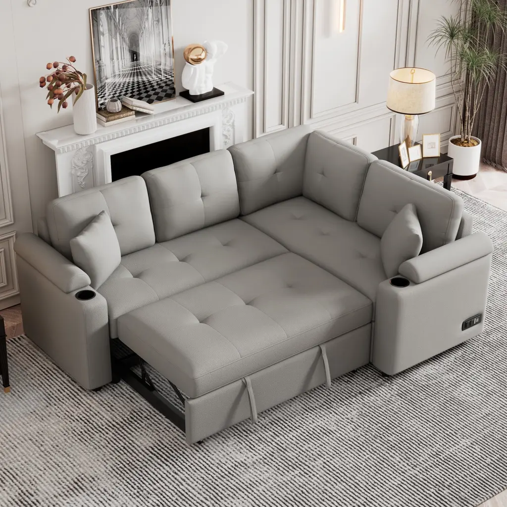 87.4 L-Shape Sofa Bed Wheels and USB Ports - Pull Out Sleeper Sectional Living Room (Grey) Ghislaine