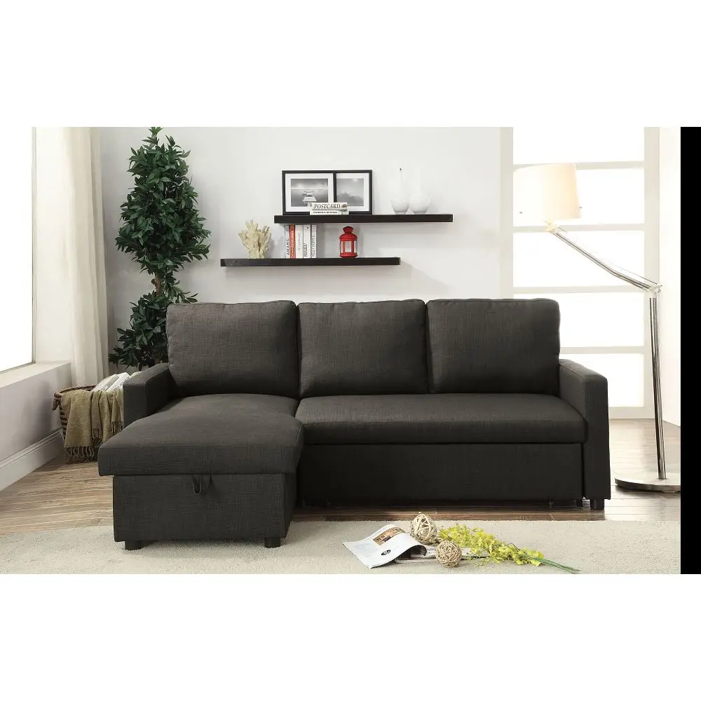 ACME Hiltons Charcoal Linen Sectional Sofa Sleeper Function Ghislaine