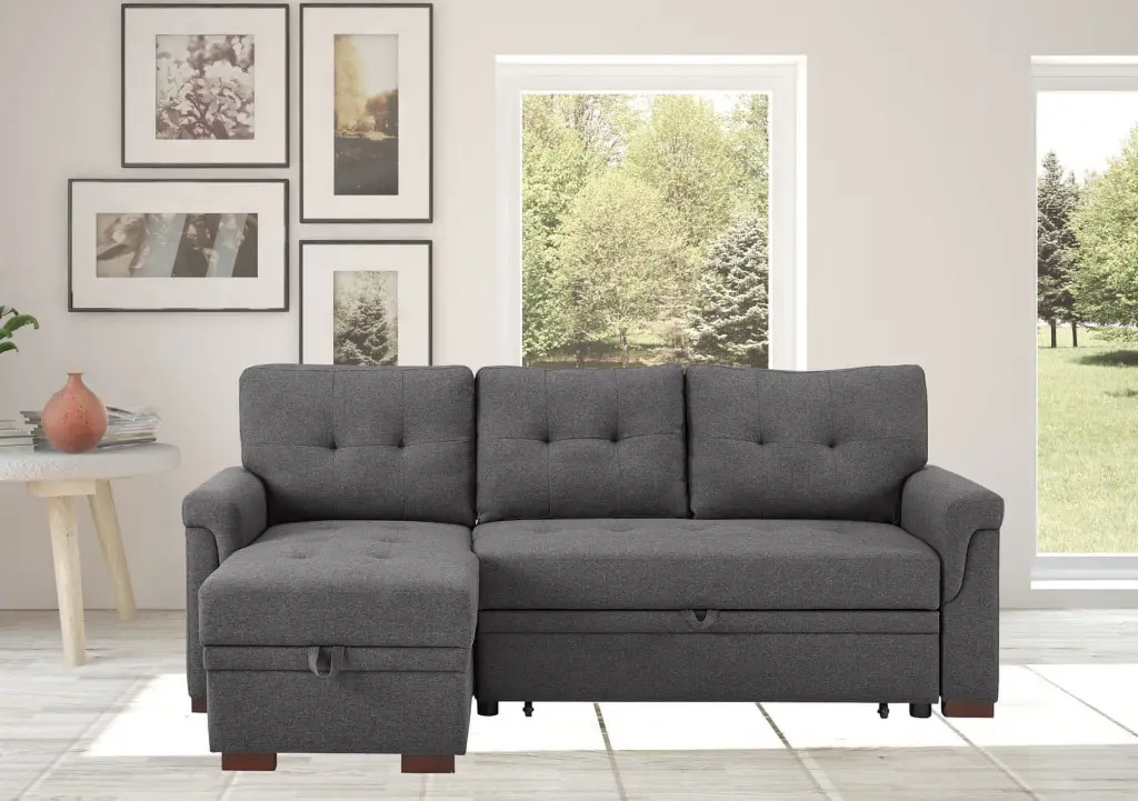Hunter 84 Dark Gray Linen Reversible Sleeper Sectional Sofa Storage Chaise Ghislaine