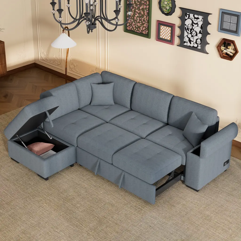 L-Shape Sleeper Sectional Sofa Storage Ottoman and USB Charging - Dark Gray Convertible Sofa Bed Ghislaine