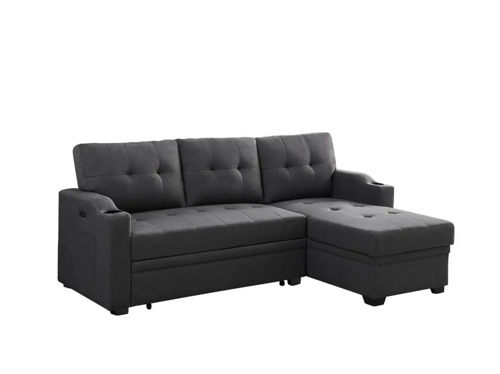 Mabel 83 Dark Gray Linen Fabric Sleeper Sectional Cupholder and USB Charging Port Ghislaine