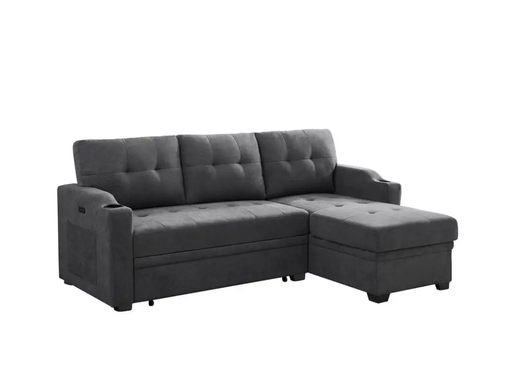 Mabel 83 Dark Gray Woven Fabric Sleeper Sectional Cupholder and USB Charging Port Ghislaine