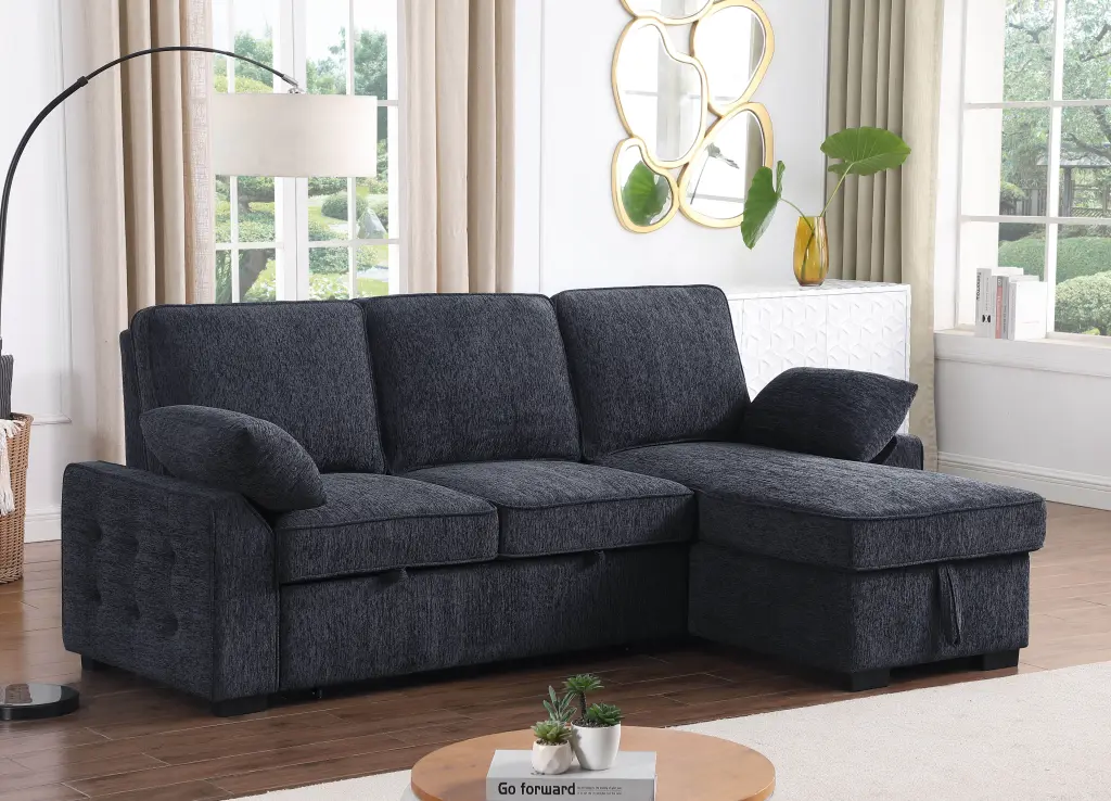 Mackenzie 91 Dark Gray Chenille Fabric Reversible Sleeper Sectional Storage Chaise and Drop-Down Table Ghislaine