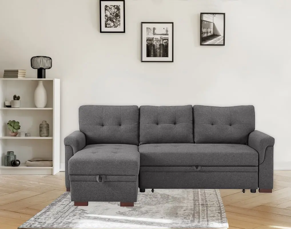 Sierra 84 Dark Gray Linen Reversible Sleeper Sectional Sofa Storage Chaise Ghislaine