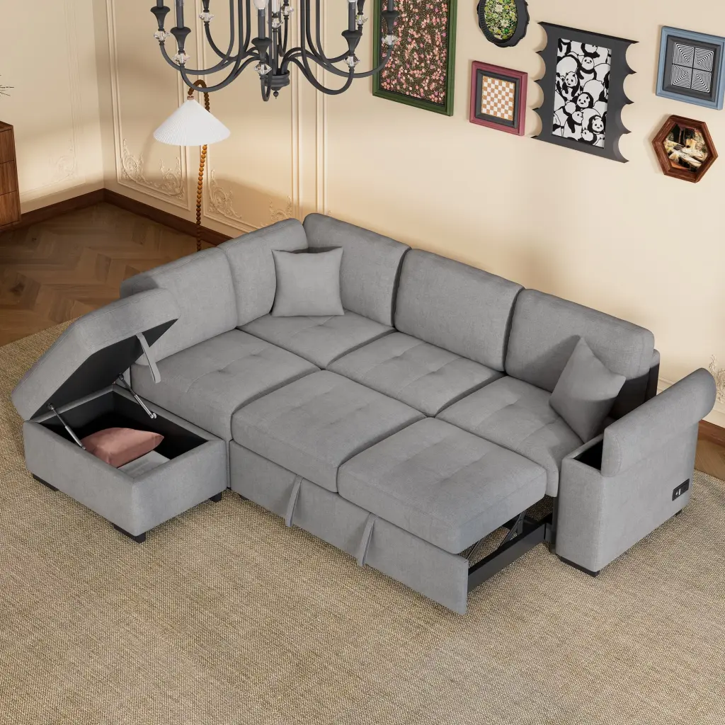 Sleeper Sectional Sofa L-Shape Corner Couch Sofa-Bed Storage Ottoman and USB Charge Gray Ghislaine