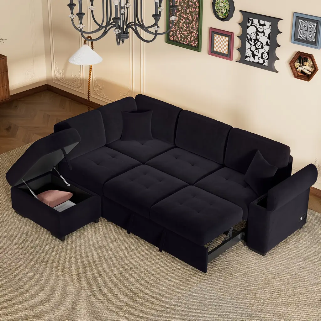 Sleeper Sectional Sofa L-Shape Corner Couch Sofa-Bed Storage Ottoman and USB Charge Black Ghislaine