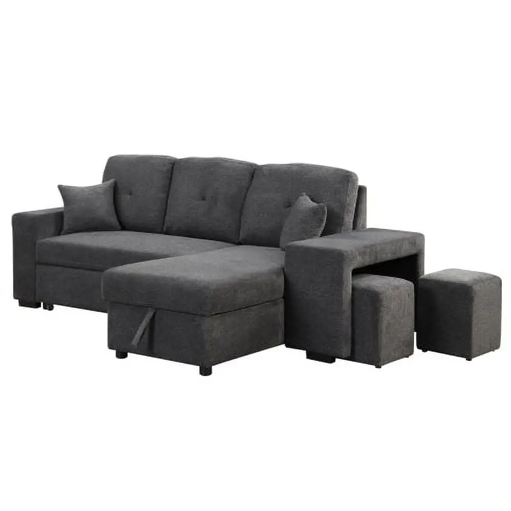 Goldmeet Reversible Sleeper Sectional Sofa Bed Side Shelf and 2 Stools Blue Black