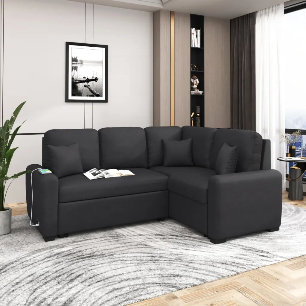 Black 87.4 Inch Sectional Sleeper Sofa USB Charging Port and Plug Outlet HATNOKIL