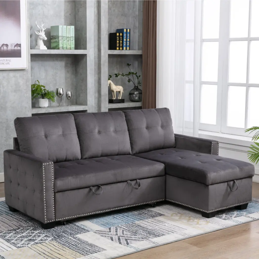 Dark Grey 77 Inch Reversible Sectional Sleeper Sofa Bed L Shaped Storage Chaise Velvet Fabric HATNOKIL
