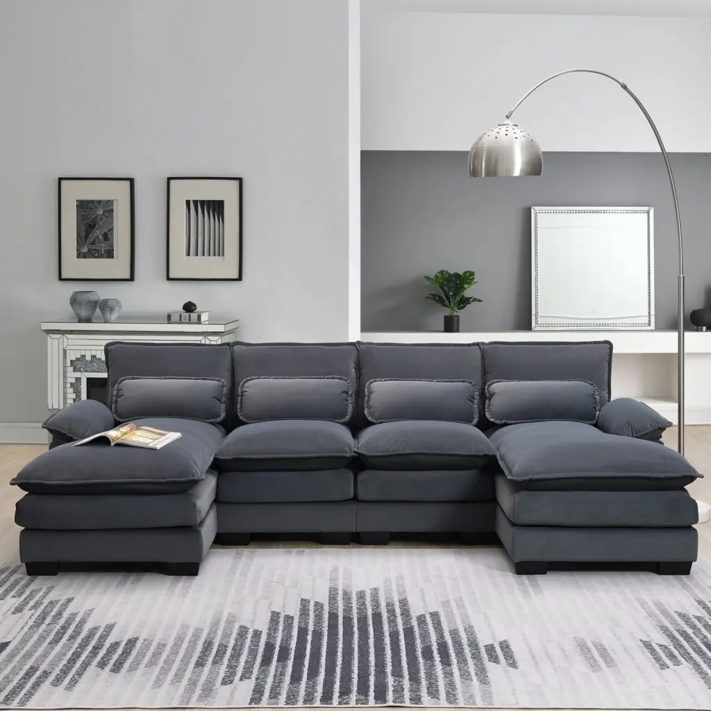 Luxurious U-Shaped Sectional Sofa Plush Velvet Upholstery Sleeper Design Chaise Lounge Seats 6 Living Room Apartment HATNOKIL