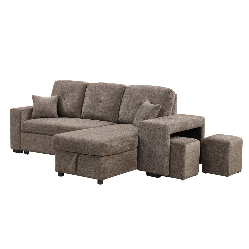 Reversible Sleeper Sectional Sofa Bed Side Shelf and 2 Stools L-Shaped Pull-Out Sofa Bed Jamini