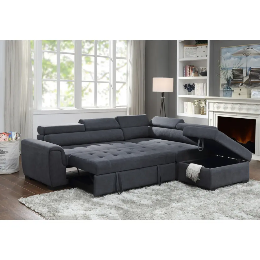 Haris Gray Fabric Sleeper Sofa Sectional Couch Storage Ottoman Lilola Home