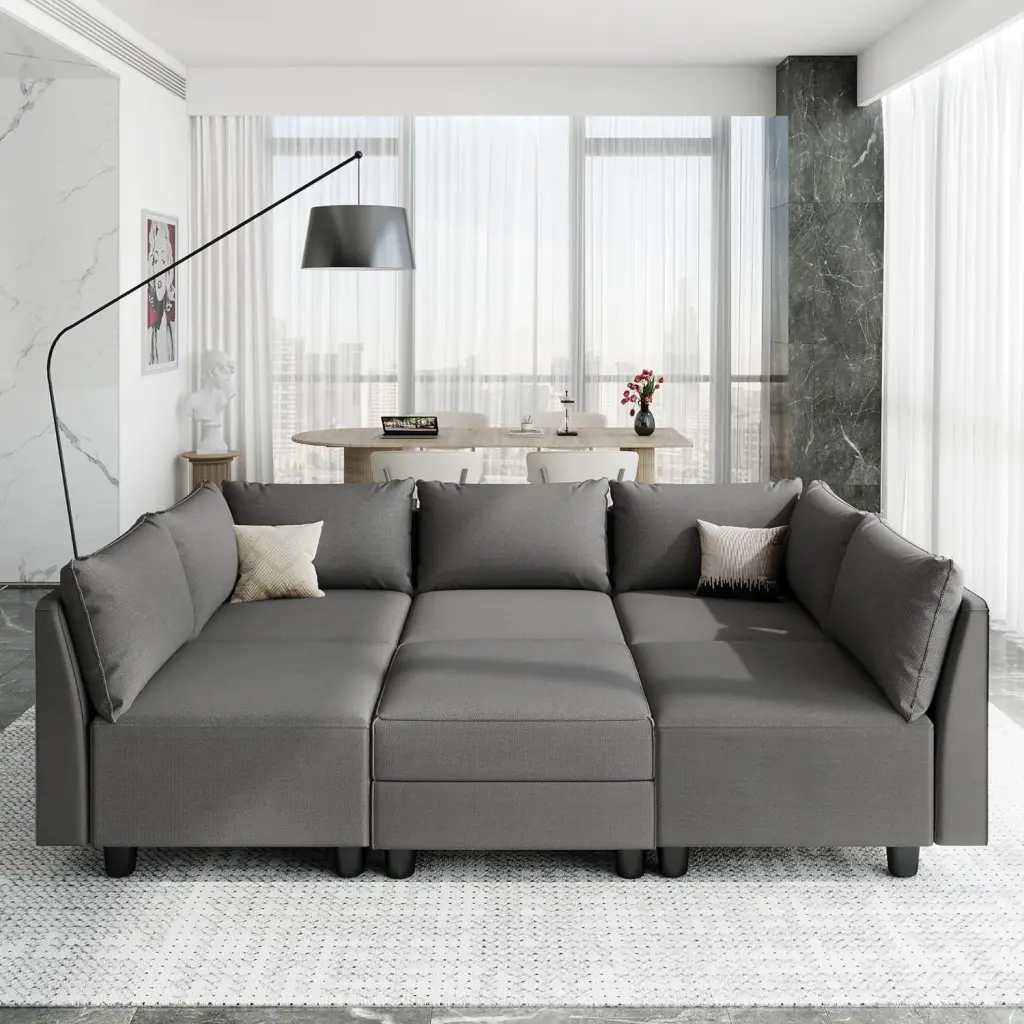 Modular Sectional Sleeper Sofa Storage Ottoman 5 Extra Deep Seats Dark Grey Linen Fabric LLappuil