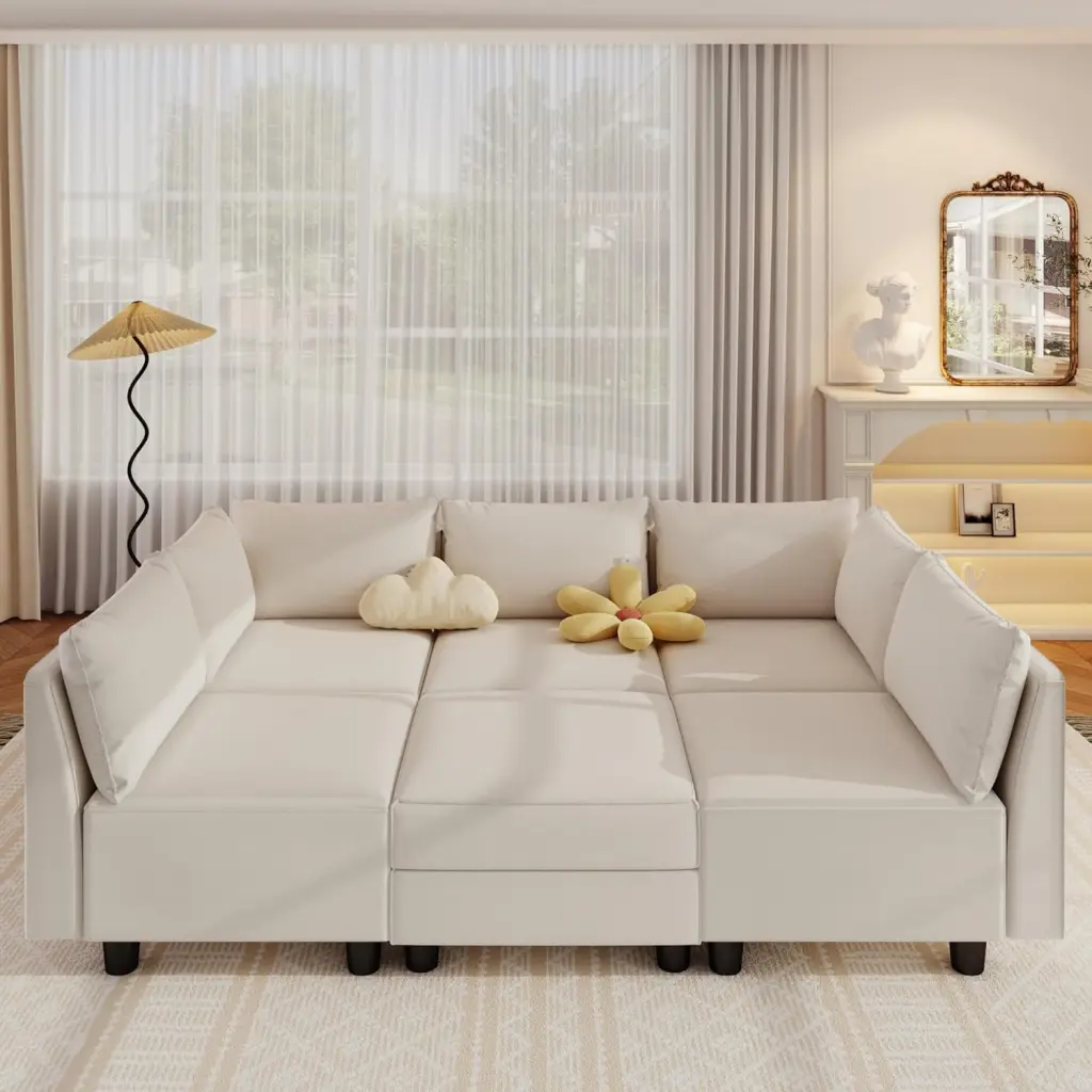 Modular Sectional Sleeper Sofa Storage Ottoman 5 Extra Deep Seats Beige Linen Fabric LLappuil