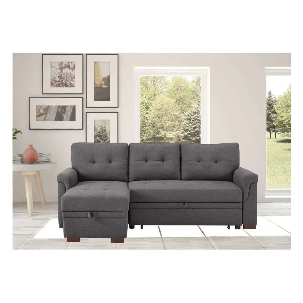 Maykoosh Urban Upmarket Light Gray Linen Reversible Sleeper Sectional Sofa Storage Chaise