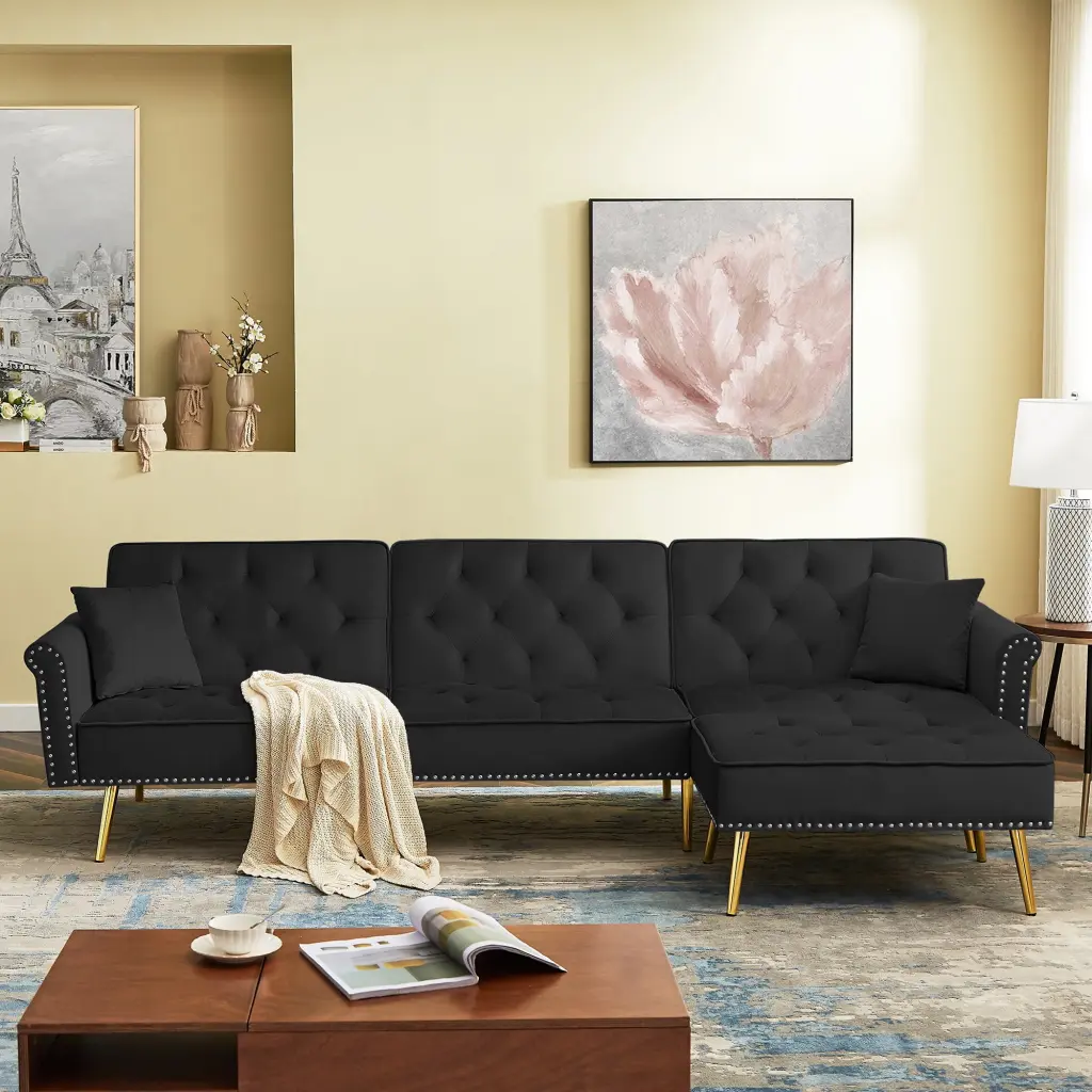 Modern Velvet Upholstered Reversible Sectional Sofa Bed L-Shaped Couch Movable Ottoman and Nailhead Trim Black Miekor