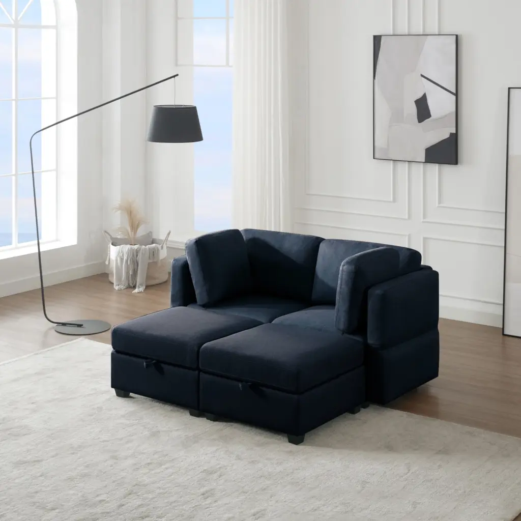 Modular Sectional 2 Seater Sofa 2 Ottomans Sleeper Sofa Bed Adjustable Arms and Backs Blue Miekor Furniture